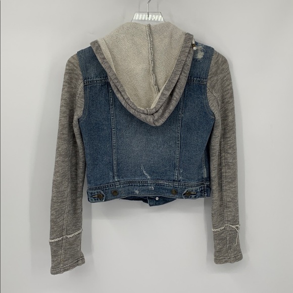 Free People Jean denim jacket hoodie gray blue distressed trucker combo coat XS - Picture 4 of 5